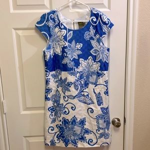 Vintage Taylor Size 14 Blue & White Floral Lined Dress w/Cap Sleeves and Pockets